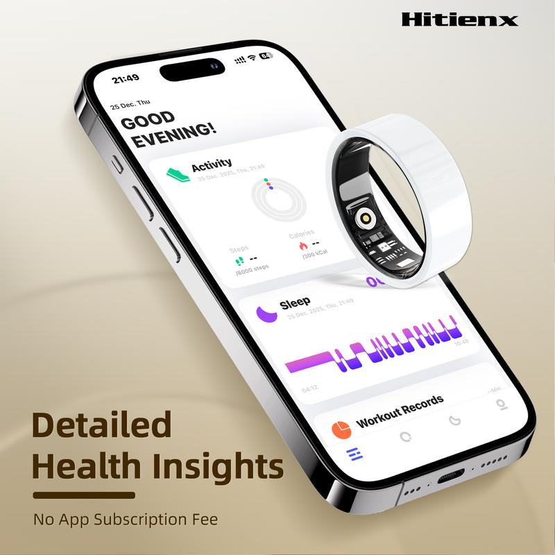 Ceramic Smart Ring, Fitness & Activity Tracker, Sleep and Heart Rate Monitoring, Female Menstrual Cycle Tracking, IP68 Waterproof, Compatible with Ios and Android. No Subscription Required. Stylish Minimalist Design—Perfect Holiday Gift for Women.